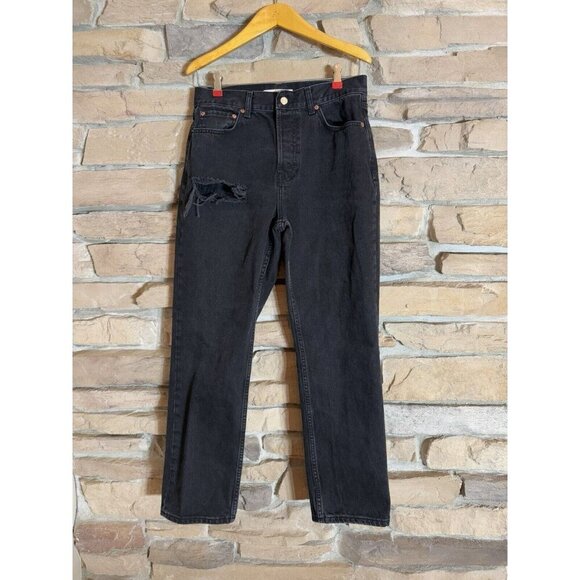 Topshop Womens Dad Jeans Sz 28 Black Mid Rise Straight Leg Distressed Button Fly - Picture 1 of 11